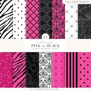 May include: A collection of 14 digital papers featuring pink and black patterns including zebra stripes, polka dots, quatrefoil, damask, quilted textures, glitter, and vertical stripes. The text reads 14 digital papers PINK & BLACK.