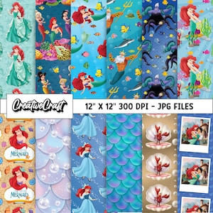 12 Little Mermaid Digital Papers 300 DPI Qualité maximale, scrapbooking princesse Ariel, dessins en papier petite sirène, téléchargement instantané