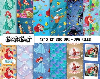 12 Little Mermaid Digital Papers 300 DPI Maximum Quality, princess ariel scrapbooking, ariel little mermaid paper designs, instant download