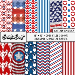 以下が含まれることがあります： 愛国的なデザインのデジタルペーパー12枚のコレクション。星、ストライプ、キャプテン・アメリカのイメージが赤、白、青で描かれています。これらのペーパーは30.48cm x 30.48cmのJPEGファイルです。