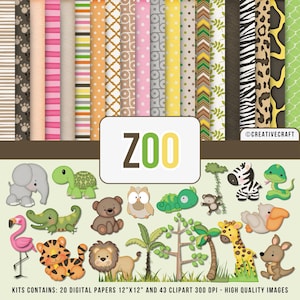 Kit di carte digitali e clipart zoo 300 DPI di massima qualità, album digitale zoo, clipart zoo png, animali safari png