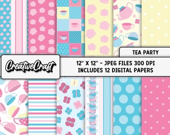 12 Tea Party Digital Papers 300 DPI Maximum Quality, tea party digital scrapbook, tea party printables papers designs, instant download