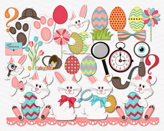 Könnte beinhalten: Ein Set mit 40 digitalen Clipart-Bildern zum Thema Ostern. Das Clipart enthält Hasen, Eier, Blumen, eine Lupe, eine Uhr, eine Pfeife, eine Fliege und ein Fragezeichen. Die Bilder sind im Cartoon-Stil gehalten und perfekt zum Erstellen von Osterbastelarbeiten, Karten und Dekorationen.