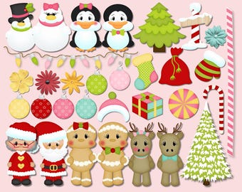May include: A set of 37 Christmas clip art images, including Father Christmas, reindeer, penguins, gingerbread people, baubles, a Christmas tree, and a candy cane. The images are in a cartoon style and are perfect for use in digital scrapbooking, card making, and other craft projects.