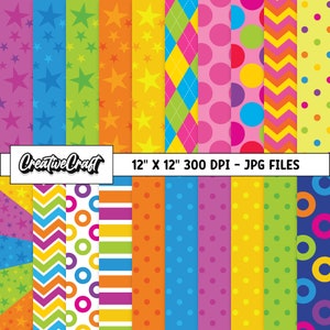 May include: A set of 12 digital paper patterns in bright colours, including stars, polka dots, stripes, and chevron patterns. The papers are 12 inches by 12 inches and 300 DPI.  CreativeCraft - JPG FILES