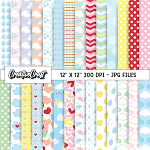 Puede incluir: Un conjunto de 24 patrones de papel digital con varios diseños, incluyendo nubes, corazones, gotas de lluvia, paraguas y sol. Los papeles son de 30,5 cm por 30,5 cm y 300 DPI. Los papeles están en una variedad de colores, incluyendo azul, rosa, amarillo y blanco.