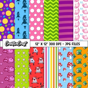 12 Alice in Wonderland Digital Papers 300 DPI Maximum Quality, Alice wonderland scrapbook, Alice Wonderland paper designs, instant download