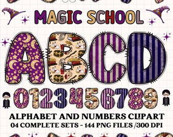 Wizard Magic School alphabet clipart PNG. 4 styles with wizard cliparts. wizard alphabet letters, wizard png cliparts, numbers clipart png