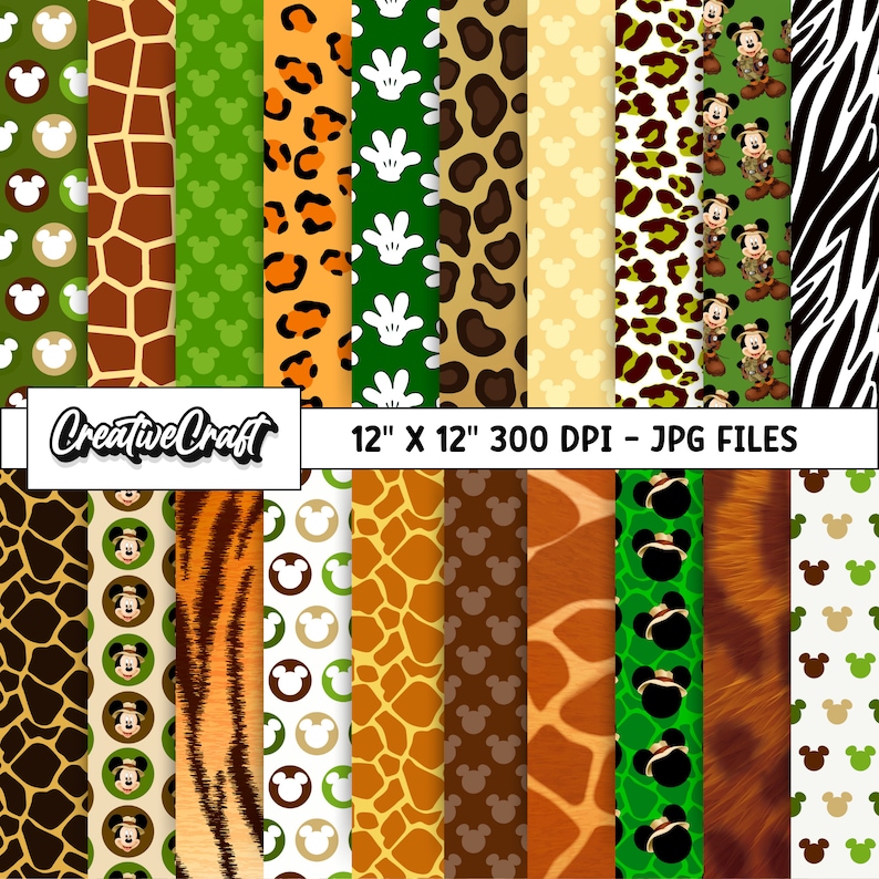 20 Mickey Safari Digital Papers 300 DPI Maximum Quality, Mickey Scrapbooking, Mickey Safari ...