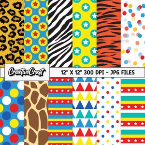 12 Papeles Digitales Animales de Circo 300 DPI Máxima Calidad, scrapbooking madagascar, diseños de papeles madagascar, descarga instantánea