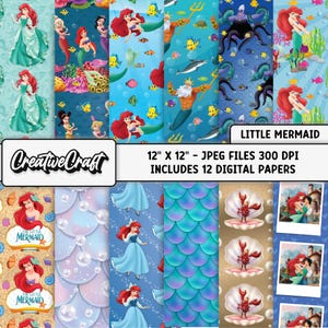 12 Little Mermaid Digital Papers 300 DPI Maximum Quality, princess ariel scrapbooking, ariel little mermaid paper designs, instant download