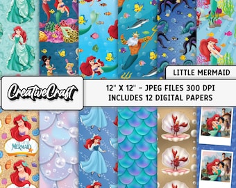 12 Little Mermaid Digital Papers 300 DPI Maximum Quality, princess ariel scrapbooking, ariel little mermaid paper designs, instant download