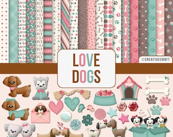 Love Dogs Digital Paper and Clipart Bundle, Valentine Dog Papers + Cute Puppy Clipart, 20 Papers & 35 PNG, Commercial Use, printable images