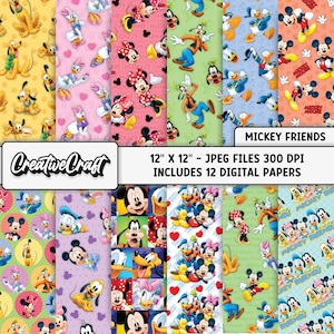 12 digitale Papiere mit Mickey Mouse-Motiven (300 DPI, maximale Qualität), ideal für Scrapbooking und zum Ausdrucken, sofort zum Download