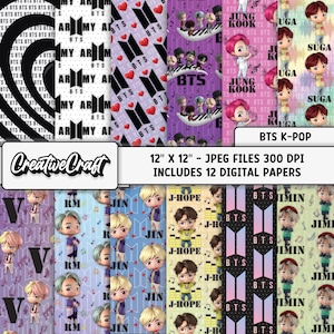 12 BTS kpop Digital Papers 300 DPI Maximum Quality, bts kpop scrapbooking, bts kpop printable papers designs, instant download, korean music