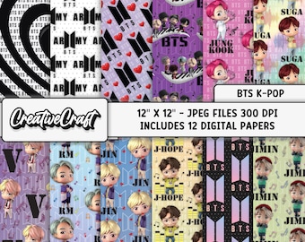 12 BTS kpop Digital Papers 300 DPI Maximum Quality, bts kpop scrapbooking, bts kpop printable papers designs, instant download, korean music
