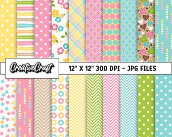 May include: A set of 12 digital paper patterns in a variety of colours and designs, including stripes, polka dots, flowers, stars, candles, and chevron patterns. The papers are 30.5 cm by 30.5 cm and 300 DPI.
