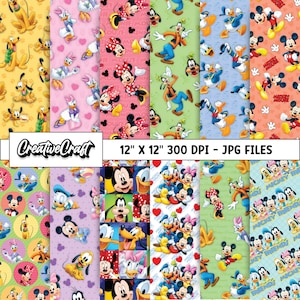 12 Mickey the Mouse Digital Papers 300 DPI Maximum Quality, mickey scrapbooking, mickey the mouse printable paper designs, instant download