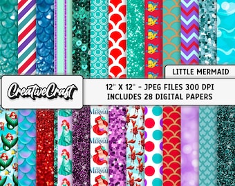 26 Little Mermaid Digital Papers 300 DPI Maximum Quality, princess ariel scrapbooking, ariel little mermaid paper designs, instant download
