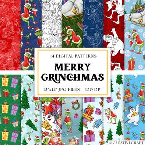 Puede incluir: Una colección de 14 patrones digitales navideños con el Grinch. Los patrones incluyen imágenes del Grinch, regalos y árboles de Navidad. El texto "MERRY GRINCHMAS" se muestra en el centro, junto con el tamaño y la resolución del archivo.