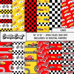 12 papierów cyfrowych Lightning McQueen 300 DPI Maksymalna jakość, scrapbooking Lightning McQueen, wzory papieru do druku Cars, natychmiastowe pobieranie