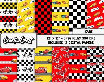 ライトニング・マックィーンのデジタルペーパー12枚（300DPI最高品質）、ライトニング・マックィーンのスクラップブック、カーズの印刷可能なペーパーデザイン、即時ダウンロード