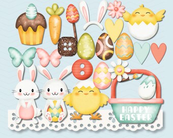 Könnte beinhalten: Eine Sammlung von Illustrationen im Clipart-Stil zum Thema Ostern. Das Bild enthält einen Cupcake, eine Karotte, Ostereier, Hasenohren, Blumen, Küken, Schmetterlinge, Hasen, Herzen und einen Korb mit dem Text "HAPPY EASTER". Das Bild enthält auch den Text "HIGH QUALITY IMAGES - 44 CLIPART" und "INSTANT DOWNLOAD - COMMERCIAL USE".