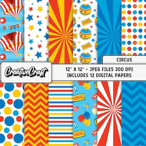 Puede incluir: Una colección de 12 papeles digitales con diseños de circo. Los diseños incluyen estrellas, rayas e ilustraciones de carpas de circo. Los papeles son archivos JPEG de 30,48 cm x 30,48 cm a 300 DPI. El texto "CIRCUS" está incluido.