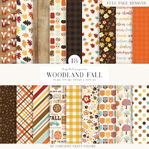 May include: A collection of 18 digital papers featuring Woodland Fall designs including foxes, pumpkins, plaid patterns, owls, autumn leaves, and text graphics. The set includes 300 dpi files measuring 3600px by 3600px for various creative projects.