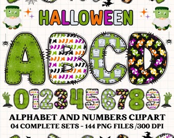 Halloween alphabet clipart PNG. 4 styles with halloween cliparts. halloween alphabet letters,halloween png cliparts, numbers clipart png