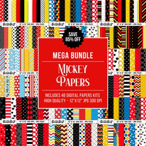 May include: A digital paper kit featuring a variety of colorful patterns with Mickey Mouse themes. The bundle includes 46 high-quality 12"x12" JPG files. Designs include polka dots, stripes, and Mickey Mouse silhouettes in red, black, yellow, and blue.
