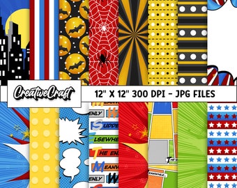 16 Superhero Comics Digital Papers 300 DPI Maximum Quality, superhero comics scrapbooking, superhero comics paper designs, instant download