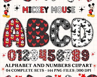 Mickey Mouse alphabet clipart PNG. 4 styles with mickey mouse cliparts. mickey alphabet letters, mickey png cliparts, numbers clipart png