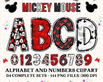 Mickey Mouse alphabet clipart PNG. 4 styles with mickey mouse cliparts. mickey alphabet letters, mickey png cliparts, numbers clipart png
