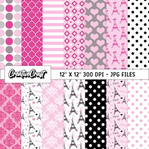14 Papeles Digitales Amor Paris 300 DPI Máxima Calidad, scrapbook amor paris, diseños papeles imprimibles amor paris, descarga instantánea