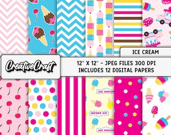 12 Ice Cream Digital Papers 12x12, Summer Kids Party Printable, Summer Scrapbook Paper, backgrounds designs, summer printables papers