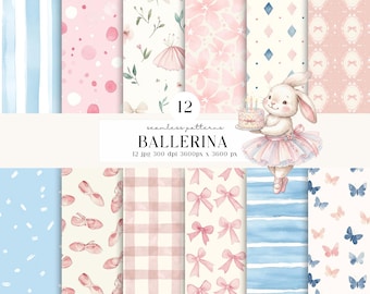 12 Ballerina Seamless Patterns, Ballet Baby Girl, Watercolor Floral Nursery, Scrapbook Pink Background, ballet digital papers, watercolor
