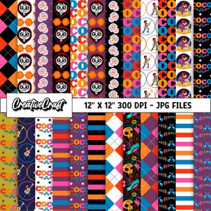 24 Coco Digital Papers Day of the Dead 300 DPI de qualidade máxima, álbum de recortes de coco, designs de papel para impressão de coco, download instantâneo