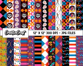 24 Coco Digital Papers Day of the Dead 300 DPI Maximum Quality, coco movie scrapbook, coco movie printables papers designs, instant download
