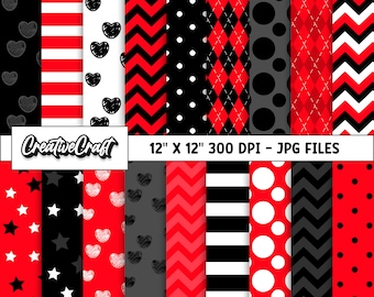 May include: A set of 12 digital paper patterns in red, black, and white. The patterns include hearts, stars, polka dots, stripes, and chevron designs. The papers are 12 inches by 12 inches and 300 DPI. JPG files.