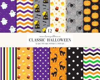 May include: A collection of 12 seamless digital patterns featuring Halloween themes including white ghosts on purple, orange and purple chevrons, haunted houses, candy corn, spiders on webs, jack-o'-lanterns, stripes, and black cats on orange.