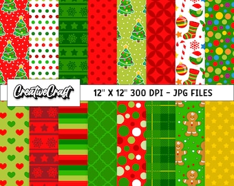 16 個のクリスマス デジタル ペーパー 300 DPI 最高品質、クリスマス スクラップブッキング、クリスマス ペーパー デザイン、インスタント ダウンロード