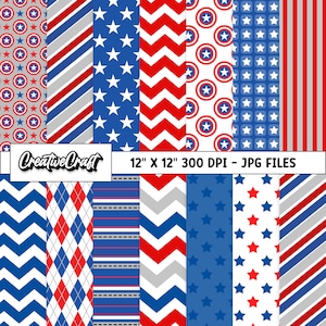 14 Captain America Digital Papers 300 DPI Maximum Quality, captain america scrapbook, superhero printables papers designs, instant download