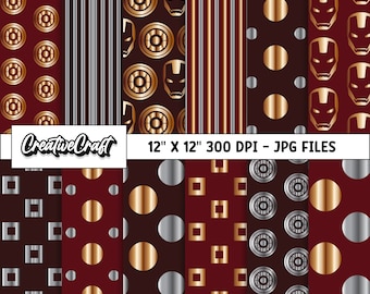 12 Iron Hero Digital Papers 300 DPI Maximum Quality, iron superhero scrapbooking, iron hero printables papers designs, instant download