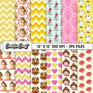12 Beauty and Beast Digital Papers 300 DPI Maximum Quality, princess scrapbooking, beauty and beast printables designs, instant download