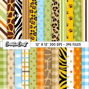 24 carte digitali Safari Animals 300 DPI di altissima qualità, scrapbooking safari, disegni di carta stampabile safari, download istantaneo