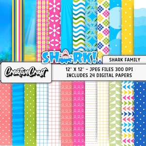 24 Shark Family Digital Paper Pack, Kids Shark Theme Papers, Ocean Colors for Children, nautical digital papers, commercial use, scrapbook