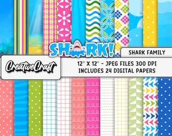 24 Shark Family Digital Paper Pack, Kids Shark Theme Papers, Ocean Colors for Children, nautical digital papers, commercial use, scrapbook