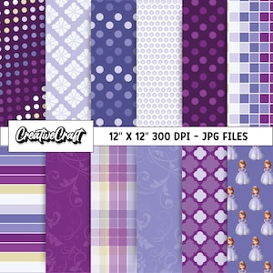 Pode incluir: Um conjunto de 12 designs de papel digital com vários padrões em tons de roxo, azul e branco. Os padrões incluem bolinhas, flores, xadrez, listras e um personagem de princesa. Os papéis são de 30,5 cm por 30,5 cm e 300 DPI. O texto "CreativeCraft 12" x 12" 300 DPI - JPG FILES" está na parte superior da imagem.