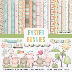 Puede incluir: Una colección de papeles digitales y clip art con temática de Pascua. La imagen presenta varios papeles estampados en colores pastel, junto con ilustraciones de conejitos, flores y otros elementos primaverales. El texto dice "Easter Bunnies". El kit contiene 20 papeles digitales de 30.48cm x 30.48cm y 39 clip art.